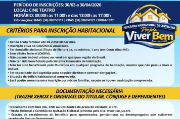 Prefeitura Municipal divulga abertura de inscrições para o Programa Habitacional “Viver Bem” em Centralina